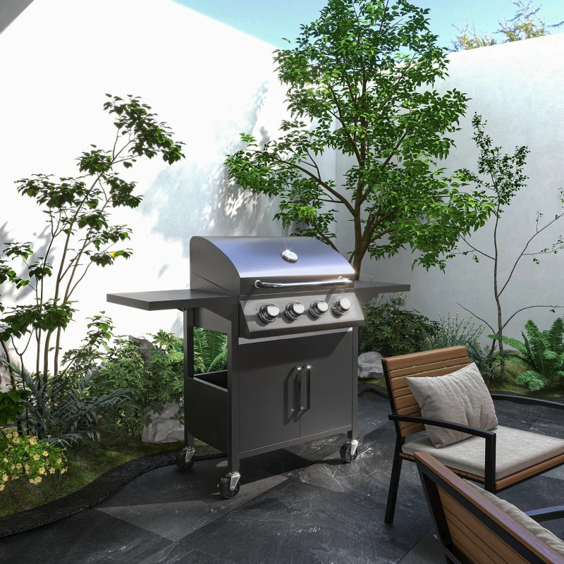 4-Burner Gas BBQ Grill in Black with Warming Rack & Storage