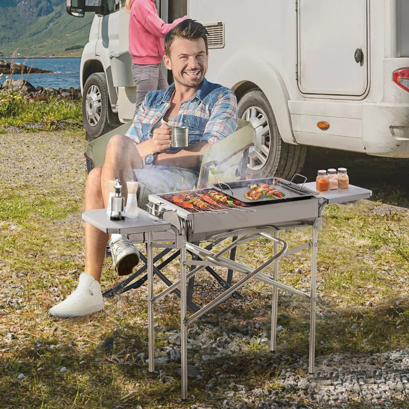 Silver Folding Stainless Steel Charcoal BBQ Grill