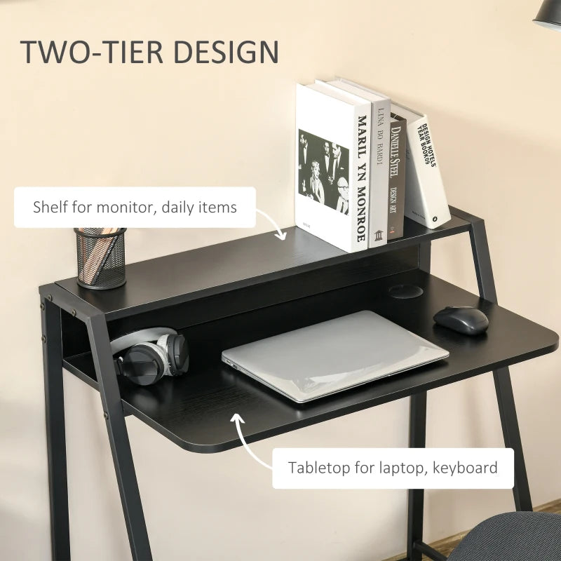 Modern Black Writing Desk - 84L x 45W cm Computer Table for Home Office, PC & Laptop Workstation with Storage Shelf