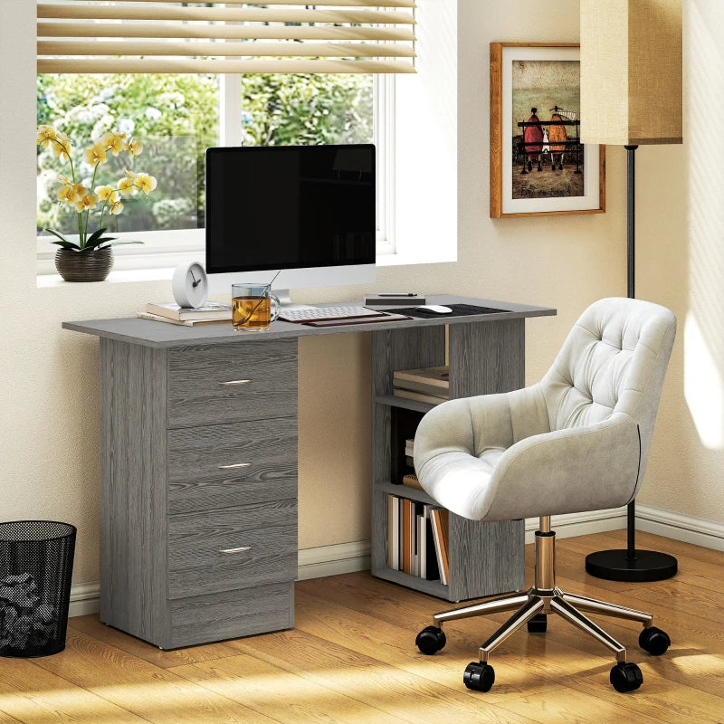 Modern Grey Computer Desk with 3 Storage Shelves & Drawers, Stylish Writing Table for Home Office, Silver Handle Workstation