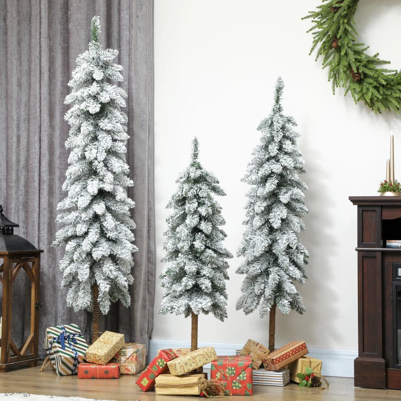 Set of 3 Flocked Pencil Christmas Trees - 3ft, 4ft, 5ft - Perfect Holiday Decor for Home & Office