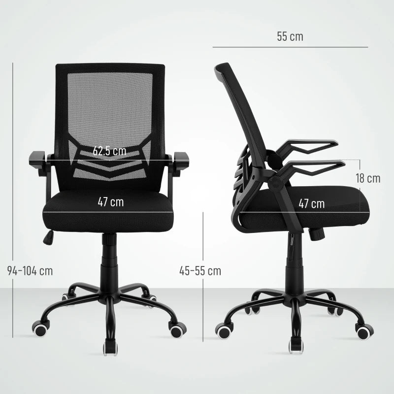 Vinsetto Ergonomic Mesh Office Chair with Flip-up Armrests, Lumbar Support & Swivel Wheels - Black Computer Desk Chair