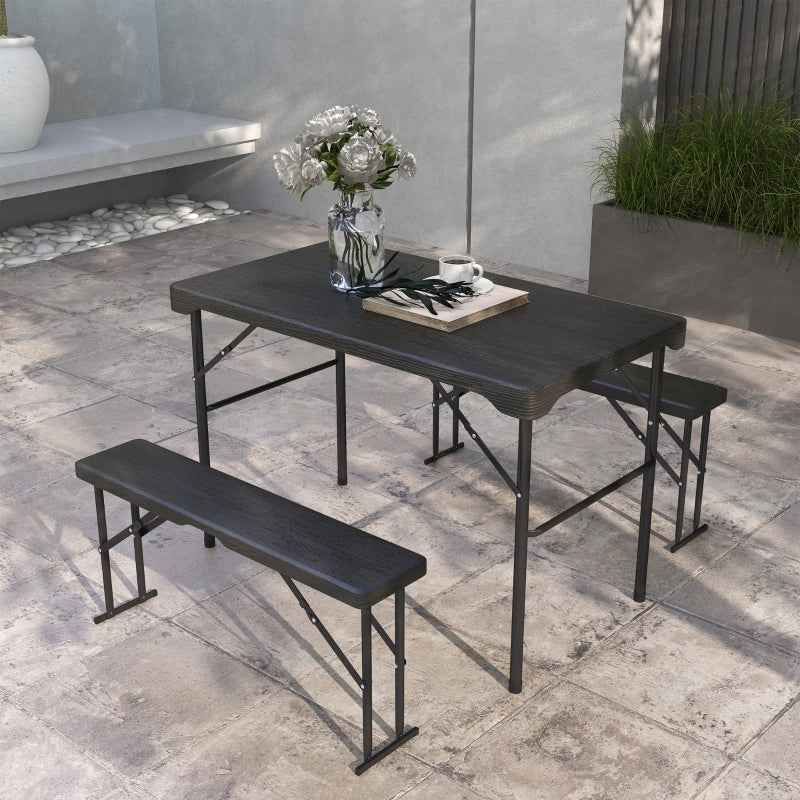 Folding Picnic Table Set for 4 - 3-Piece Portable Garden Furniture with 2 Benches, Dark Grey Plastic Top and Steel Frame