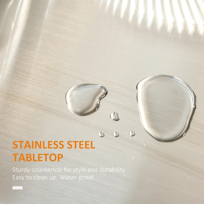 Wooden Kitchen Island on Wheels - Mobile Serving Cart with Stainless Steel Top, Drawer, Side Handle & Rack in White