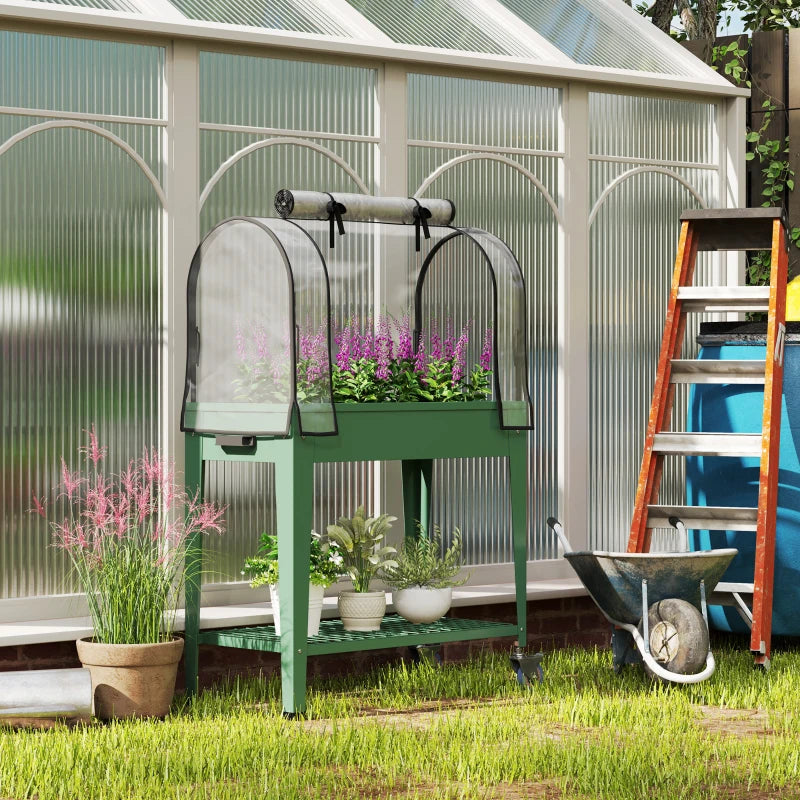 Mobile Elevated Garden Bed with Greenhouse Cover - 4ft Green Planter with Wheels and Bottom Shelf