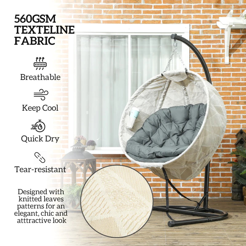 Hanging Egg Chair - Grey Outdoor Indoor Garden Swing Chair with Folding Basket, Stand, Thickened Cushion & Cup Holder - Perfect for Patio & Balcony