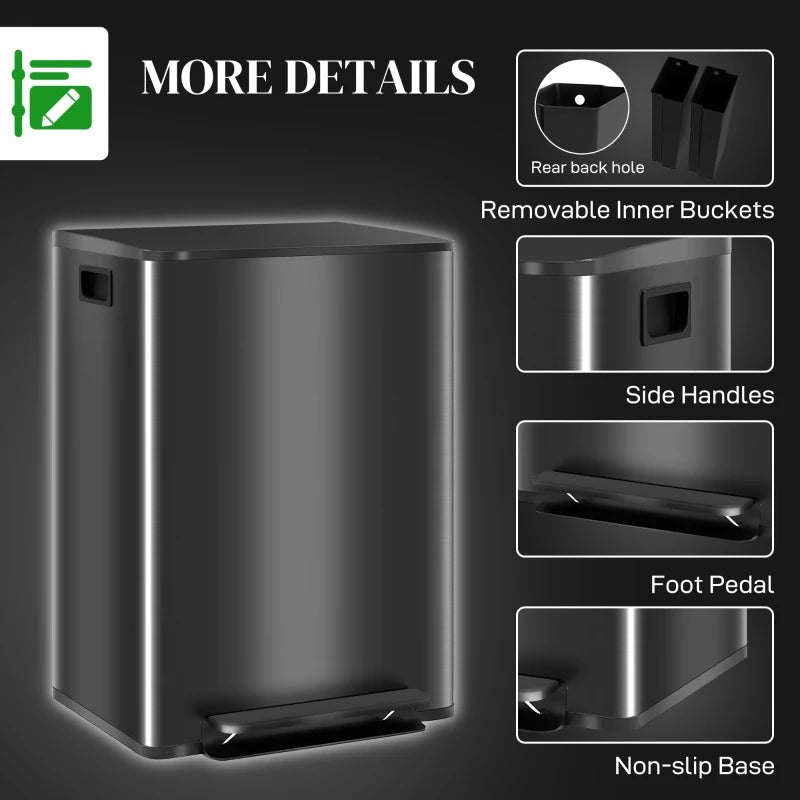 60L Dual Compartment Stainless Steel Trash Bin with Deodoriser Holders - Stylish Black Waste Management Solution