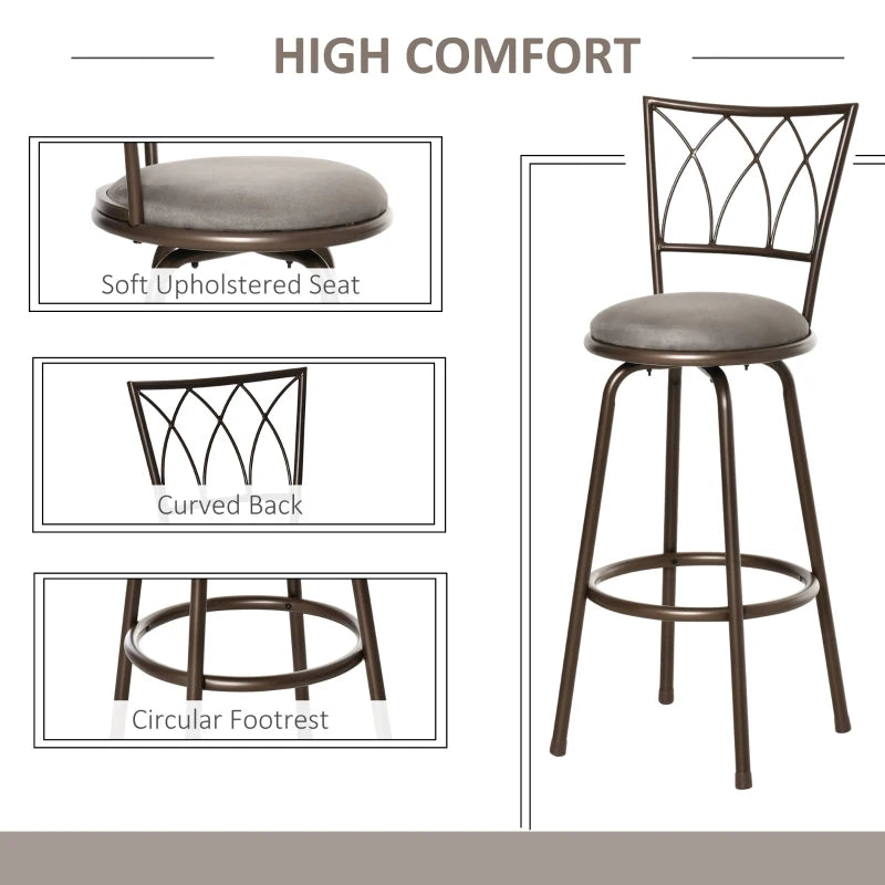 Set of 2 Swivel Bar Chairs - Armless Upholstered Metal Frame Barstools with Backrest & Footrest in Bronze
