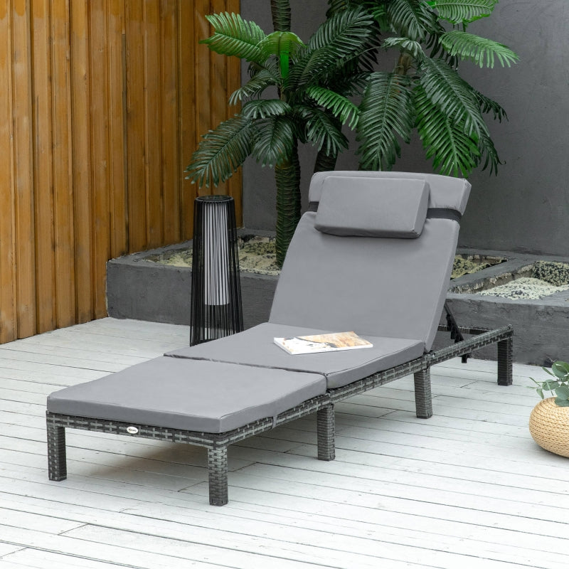 Grey Rattan Sun Lounger with Padded Cushion & 5-level Recline