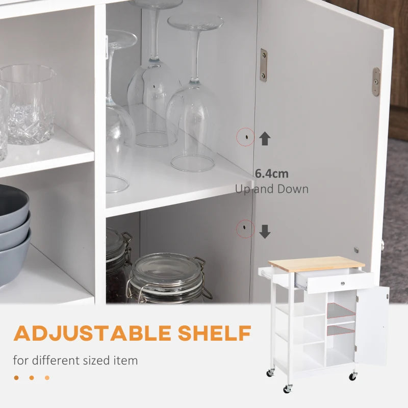 Versatile Kitchen Trolley on Wheels - White Kitchen Island with Wood Top, 3 Shelves & Storage Cupboard