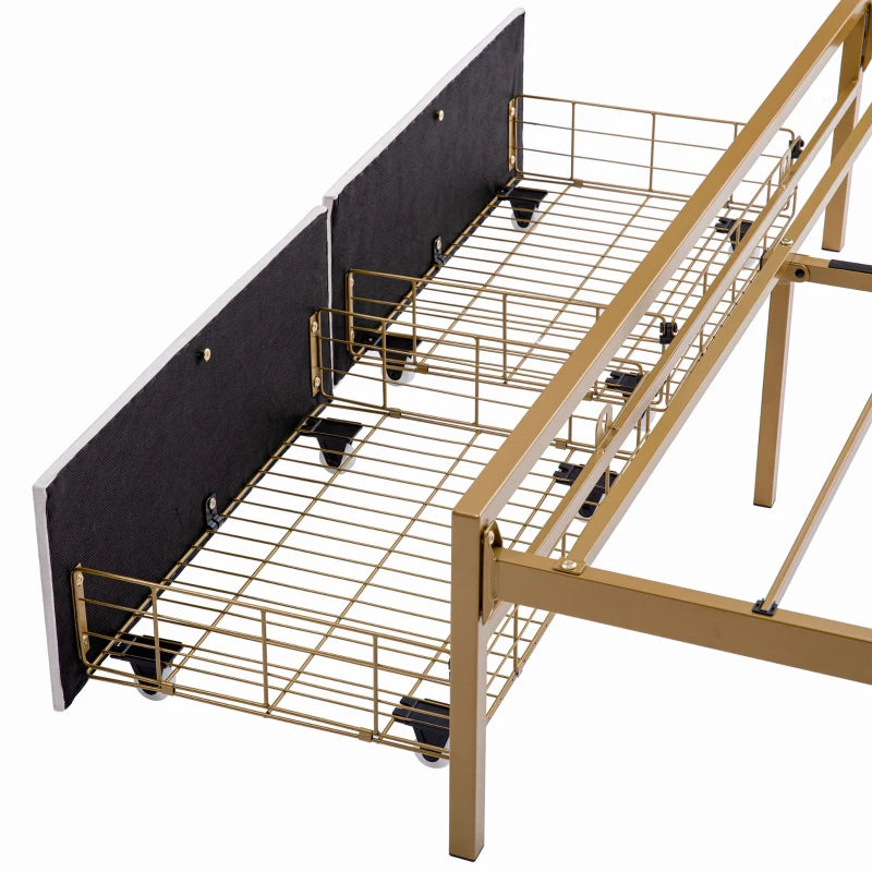 Modern Double Bed Frame with Storage Drawers & RGB LED Headboard - Beige & Chrome, 207L x 138W x 100H cm