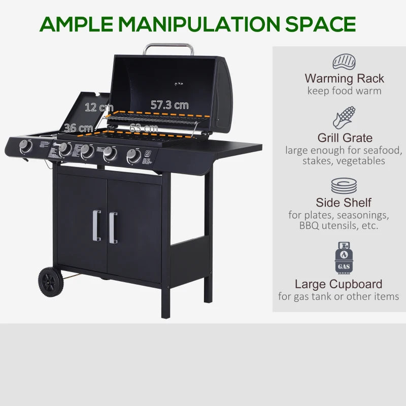 5-Burner 4+1 Black Gas BBQ Grill with Smoker and Side Table - Outdoor Barbecue Trolley with Wheels, Warming Rack, Side Shelves, Cabinet, Thermometer