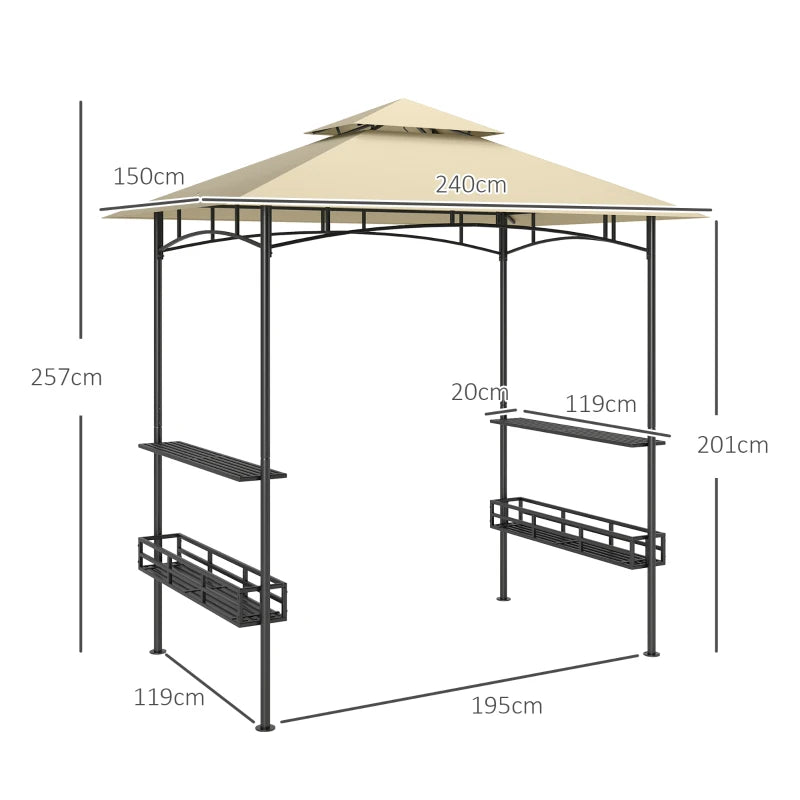 8' x 5' Beige Double Tiered Grill Gazebo Canopy with Side Shelves and Storage Baskets for Outdoor BBQ, Patio, and Picnic