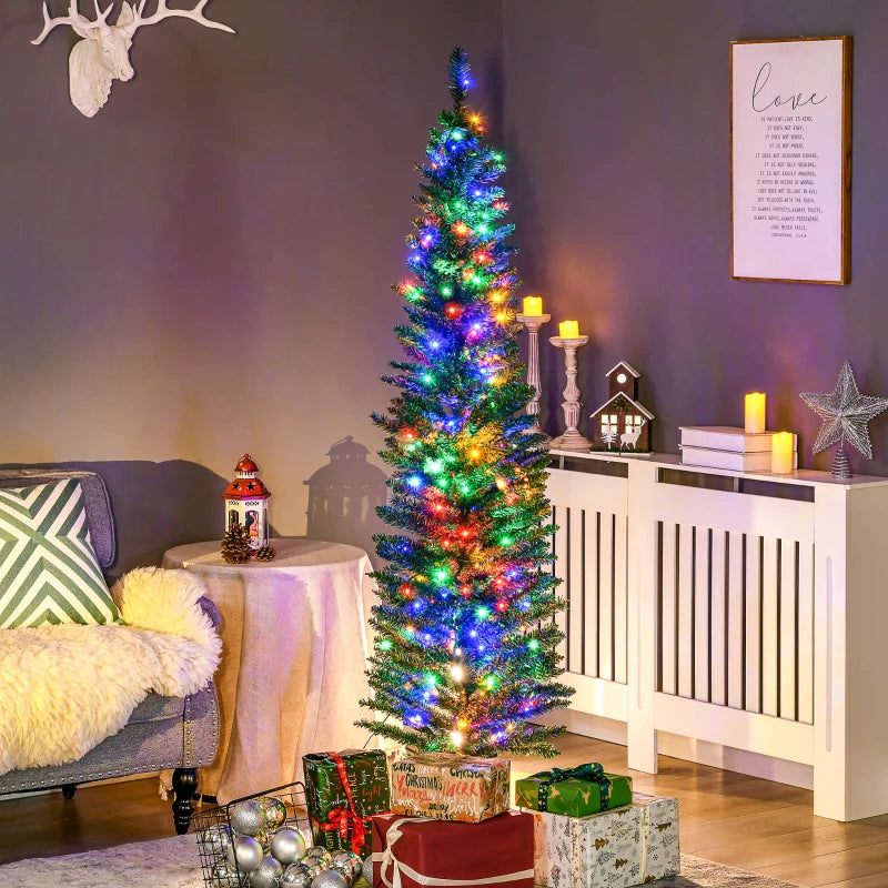 6' Artificial Prelit Christmas Tree with Colorful LED Lights - Pencil Shape Holiday Decor & Durable Steel Base