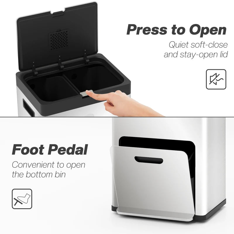 56L Triple Compartment Stainless Steel Kitchen Bin with Deodoriser Holders & Wheels - Stylish Silver Tone Waste Solution