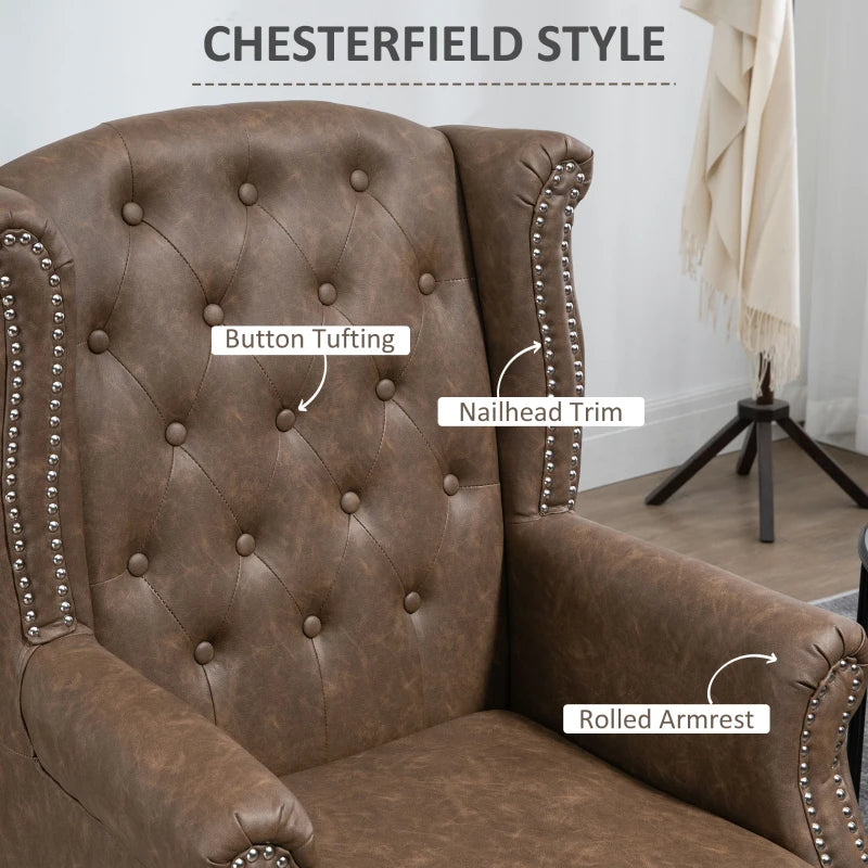 Tufted Chesterfield-Style Wingback Accent Chair with Nail Head Trim for Living Room or Bedroom in Brown
