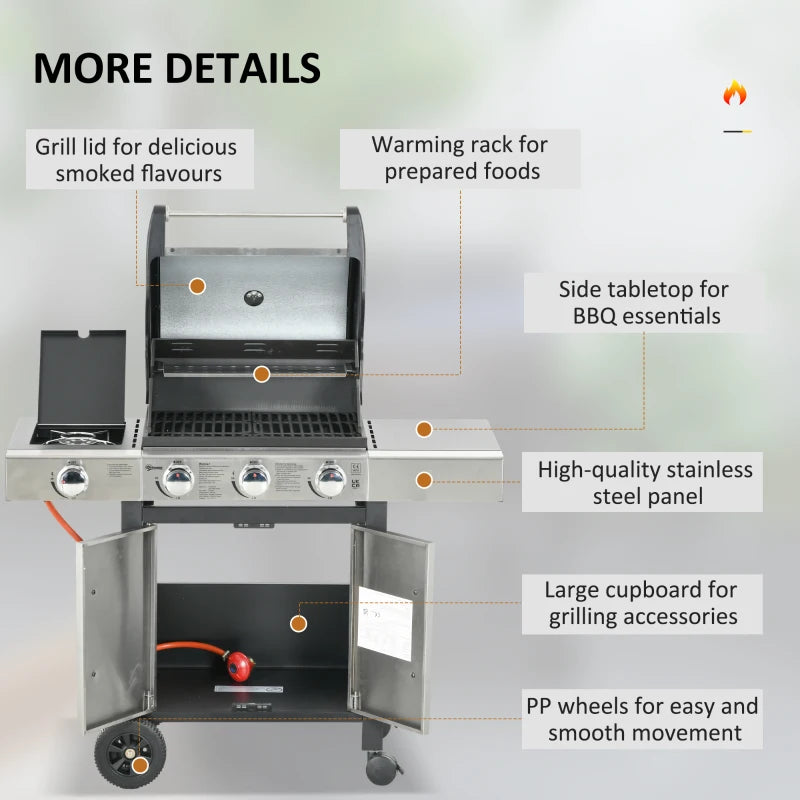 3-Burner Gas BBQ Grill with Smoker, Side Burner, and Storage Cabinet - Stainless Steel/Metal