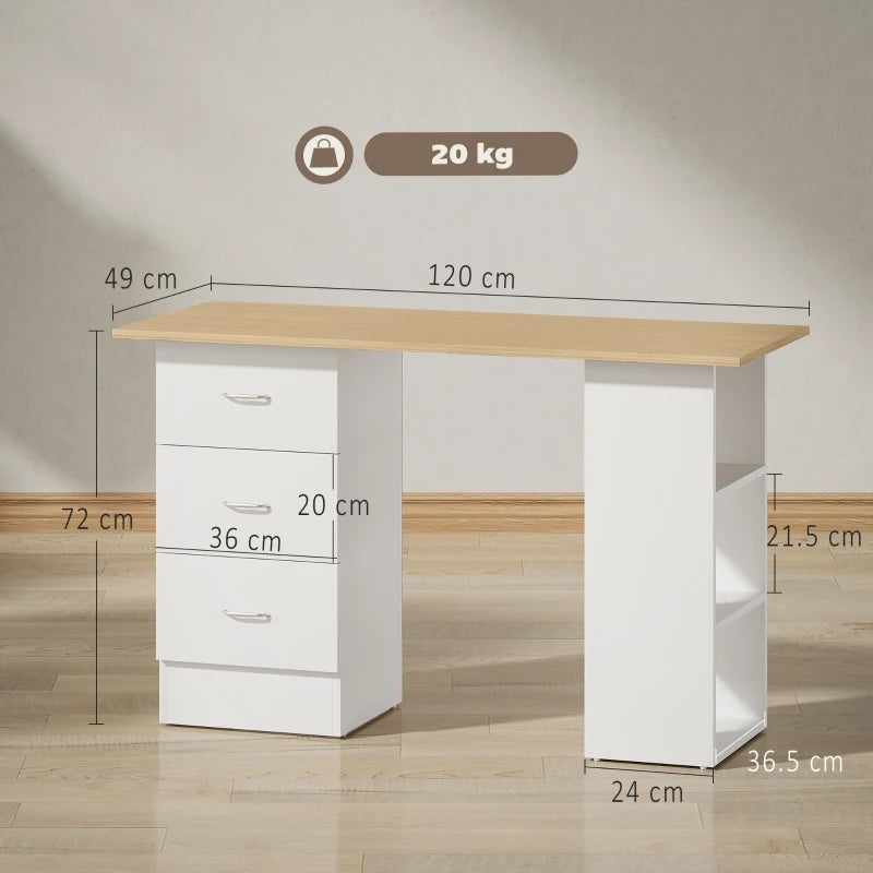 Modern Computer Desk with Storage Shelves and Drawers for Home Office Natural Wood Finish and White