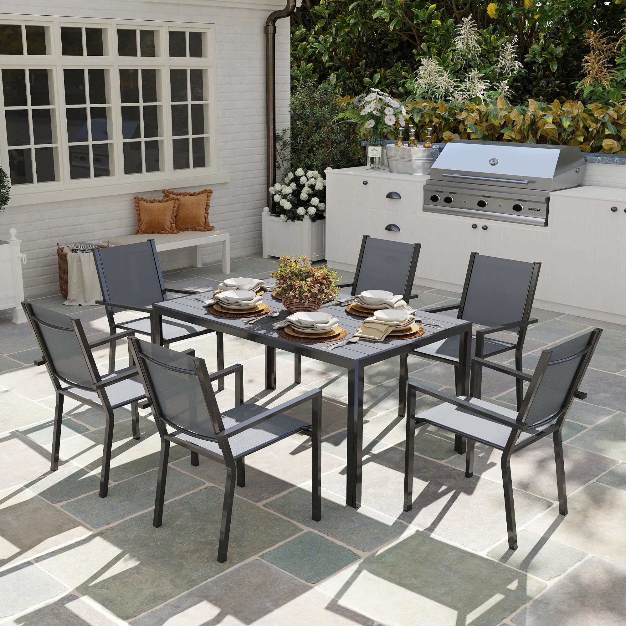 7 Piece Garden Dining Set With 6 Stackable Chairs and 150cm Rectangular Table + WPC Slatted Top