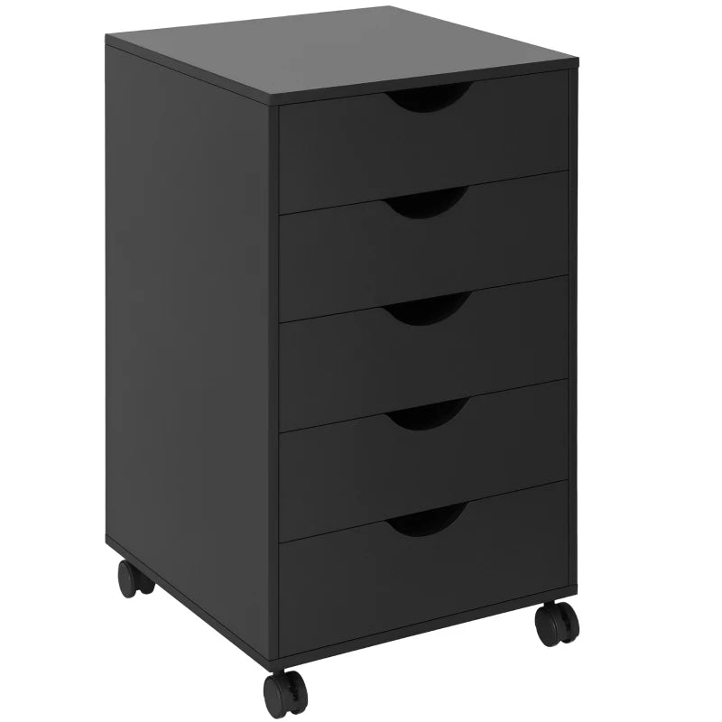 Modern 5 Drawer Mobile Filing Cabinet - Vertical Office Storage Organizer, Rolling Cupboard in Black for Efficient Workspace