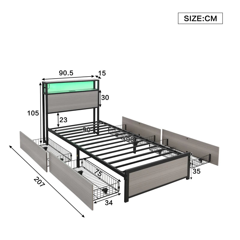 Metal Single Bed with LED Light Strip, 4 Drawers & 3 USB Ports - Stylish Grey Bedroom Furniture, 207x90.5x105 cm
