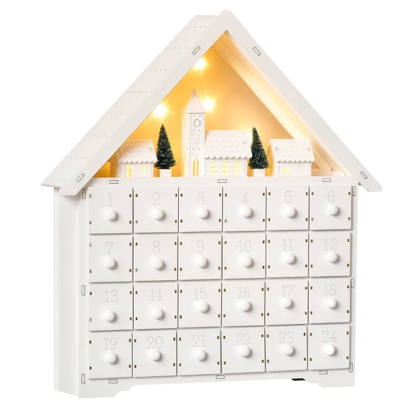 24-Drawer Light-Up Wooden Christmas Advent Calendar - Traditional Holiday Countdown Decoration for Kids & Adults - White House Design
