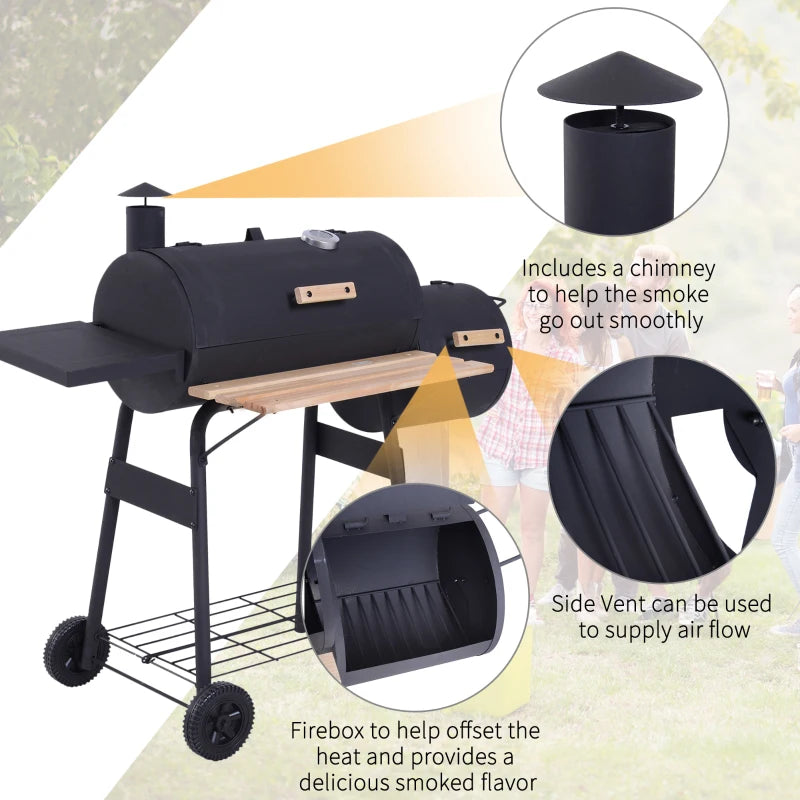 Portable Charcoal BBQ Grill, Cold-Rolled Steel & Solid Wood, Black, 104x124x53 cm
