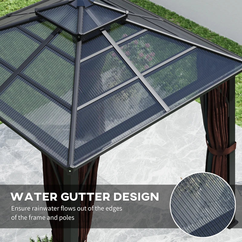 3x3m Brown Hardtop Gazebo Canopy with 7mm Double Polycarbonate Roof, Permanent Garden Pavilion with Mosquito Netting and Curtains for Patio and Deck