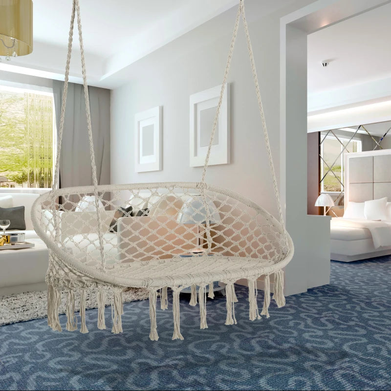 Cream White Cotton Rope Hammock Chair with Metal Frame