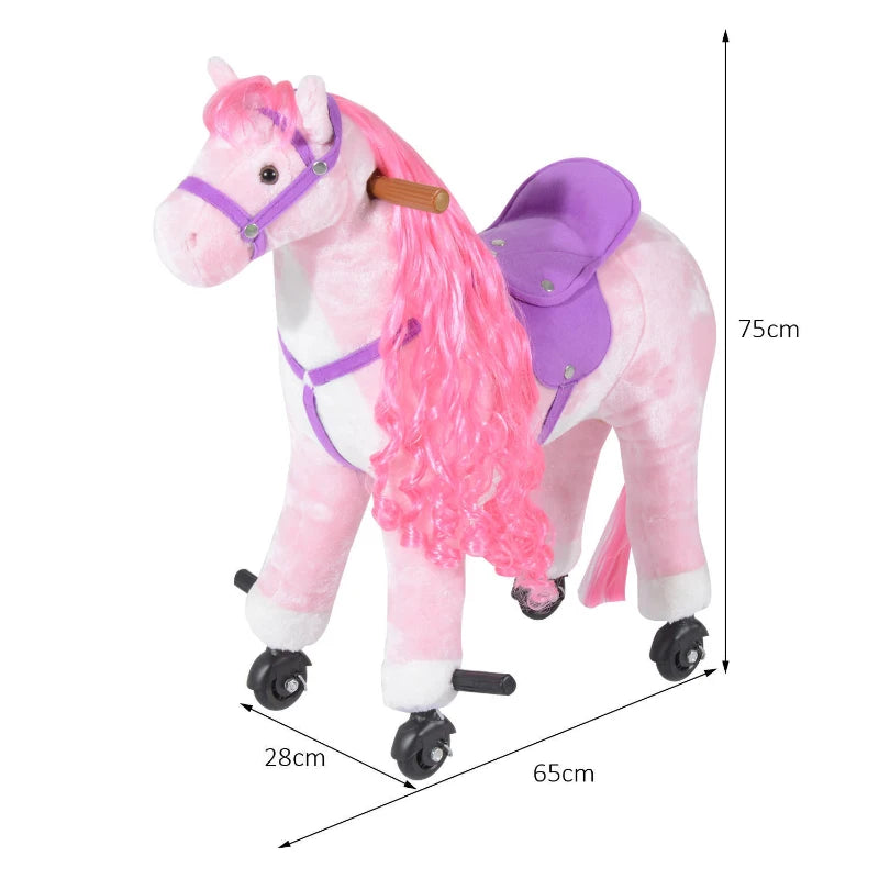 Plush Walking Horse Ride-On Toy with Wheels & Sounds - 50cm Pink Rocking Horse for Kids 2+ Years