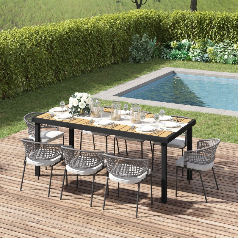 Aluminium Outdoor Garden Dining Table for 8 People - Natural Faux Wood Top, 190 x 90 x 74 cm