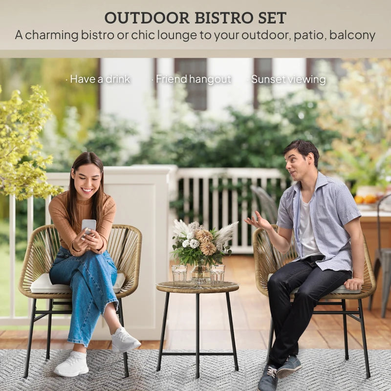 3 Pieces Rattan Bistro Set - Small Garden Table and Chairs with Cushions, Glass Top Coffee Table - Natural Wicker Outdoor Furniture for Patio and Balcony