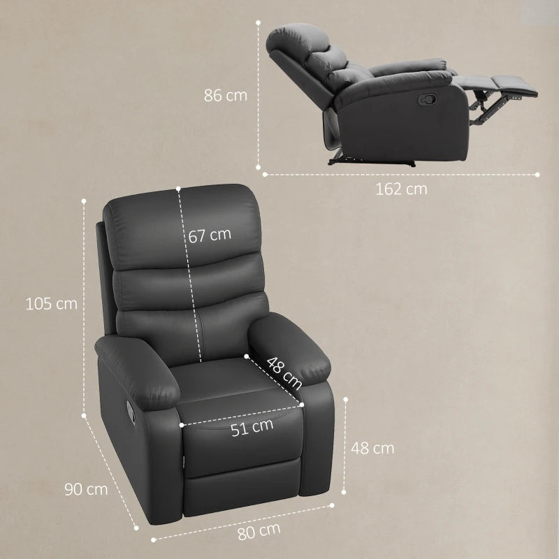 Comfortable PU Leather Reclining Chair with Padded Armrests and Retractable Footrest, Stylish Black Wood Frame
