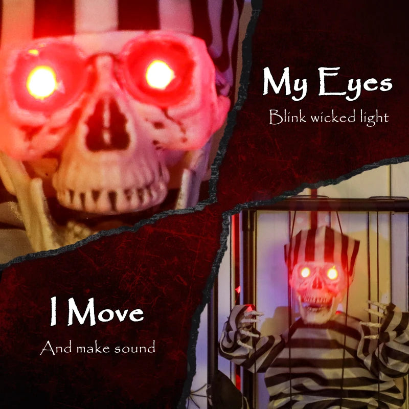 Halloween Animated Skeleton Prisoner in Cage with Glowing LED Eyes - Spooky Battery Operated Indoor Decorations for Parties