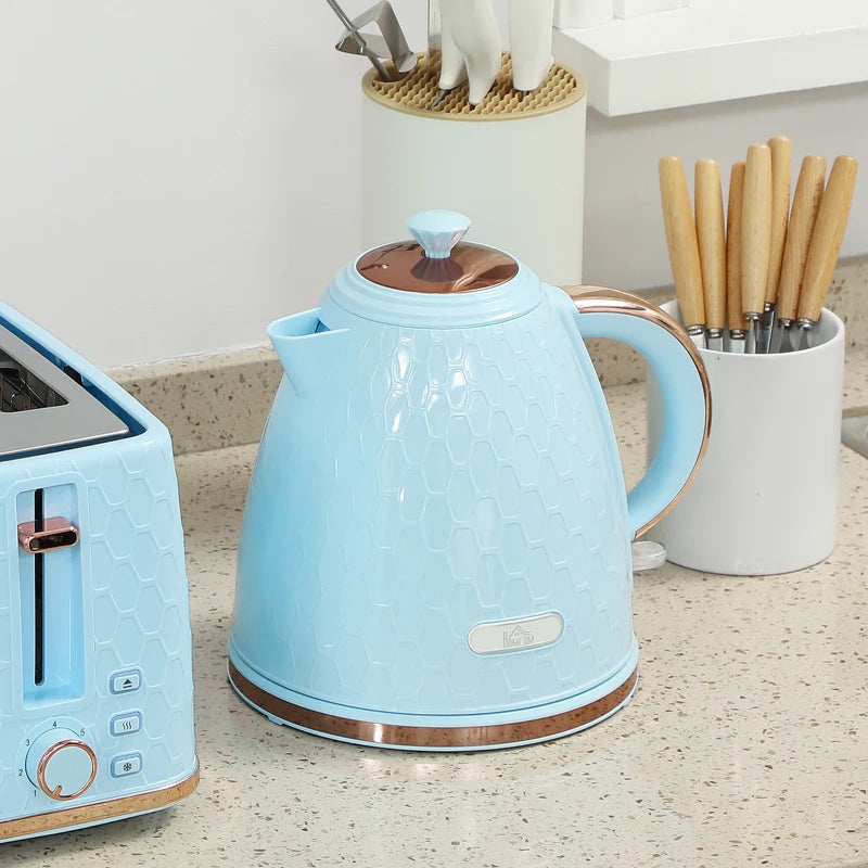 Light Blue Kettle and Toaster Set - 1.7L Fast Boil Jug Kettle & 4 Slice Toaster with 7 Browning Levels