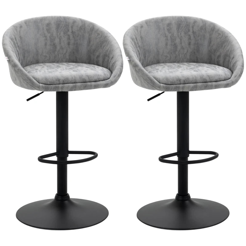 Modern Height Adjustable Bar Stools Set of 2 - Swivel PU Leather Chairs with Backrest, Armrests & Footrest - Light Grey