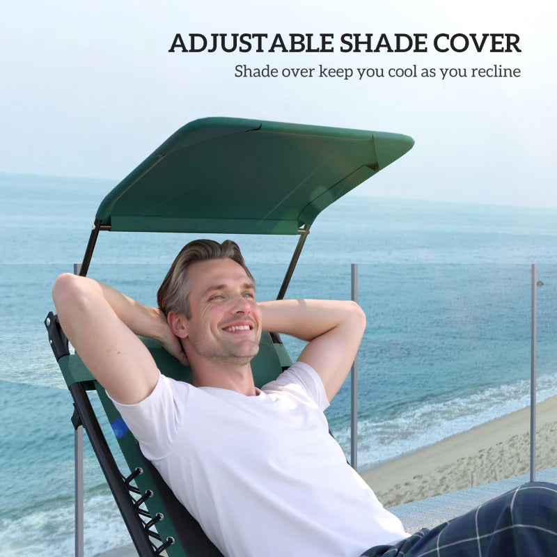 Sun Lounger Chair Set of 2 - Folding Reclining Patio Chairs with Shade Cover, Padded Seat, Cup Holder, Soft Cushion and Headrest - Green