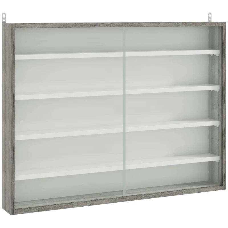 5-Tier Wall Display Shelf Unit with 4 Adjustable Shelves & Glass Doors - Grey Wood Grain Cabinet for Home Office Decor 60x80cm