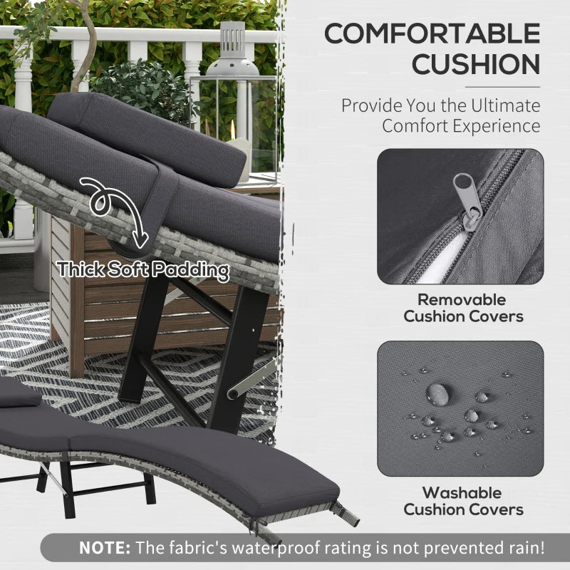 Grey Rattan Folding Sun Lounger with Cushion and Pillow