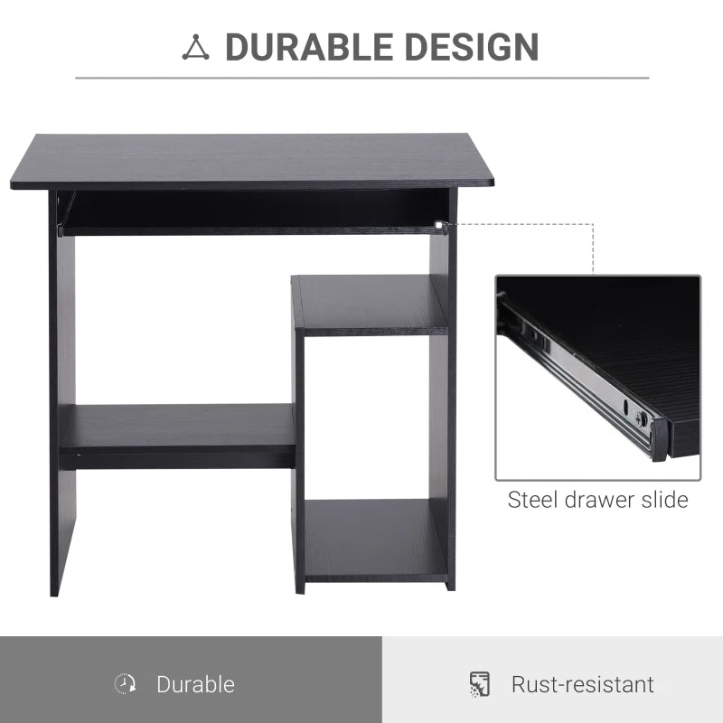 Compact Modern Black Wooden Computer Desk with Keyboard Tray & Storage Shelf - Ideal Corner Table for Home Office