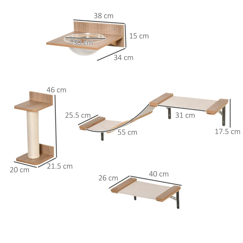 4PC Wall-Mounted Cat Climbing Shelf Set - Cat Tree Activity Center with Hammock & Scratching Post - Brown