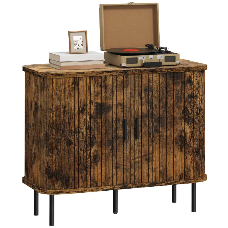 Mid-Century Modern Sideboard Storage Cabinet with Slatted Tambour Doors - Rustic Brown Kitchen Cabinet with Steel Legs