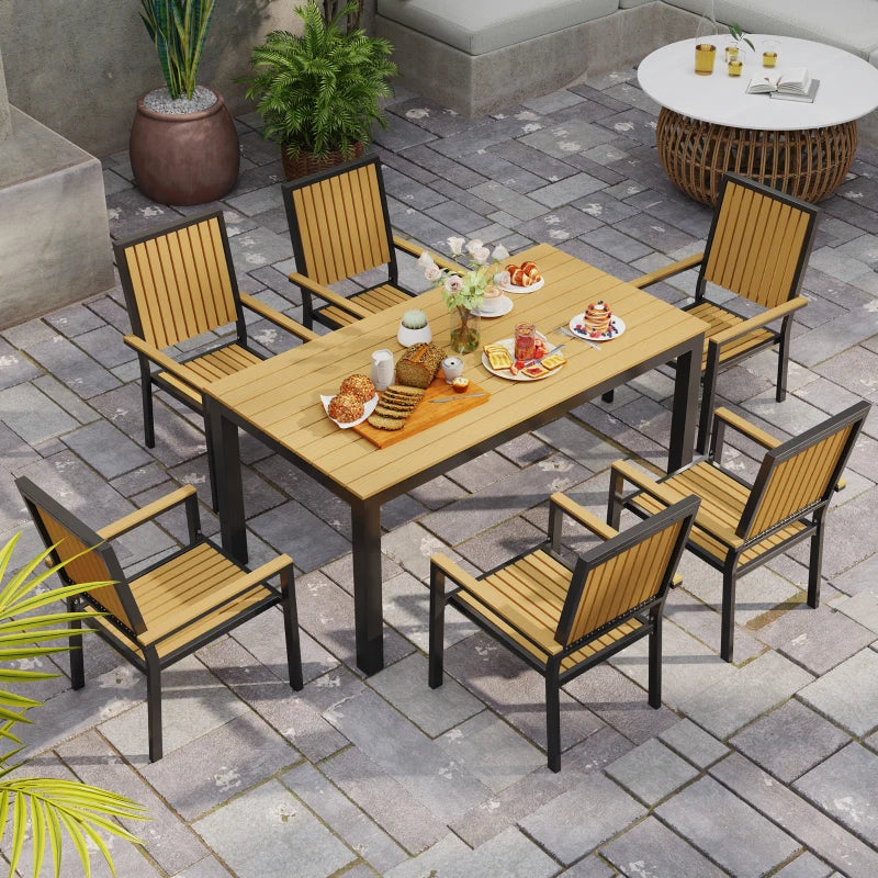 6 Seater Rectangular Garden Dining Set with Stackable Chairs - Aluminium Frame, Wood Plastic Top