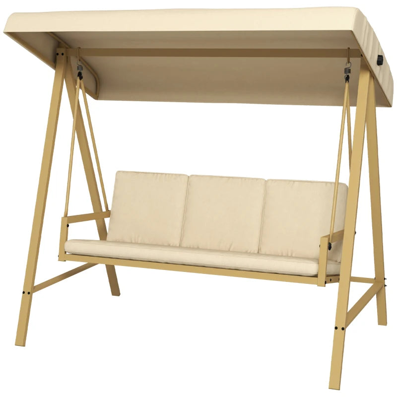 Beige 3-Seat Garden Swing Chair with Adjustable Canopy