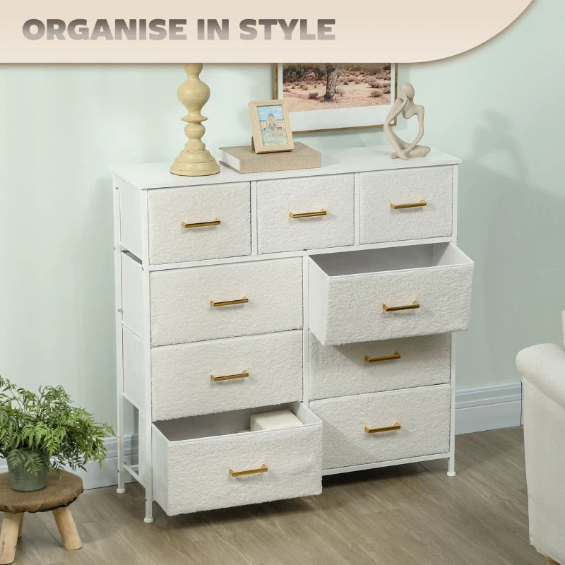 9 Drawer Fabric Storage Organizer with Steel Frame for Bedroom Living Room Hallway Cream White Dresser