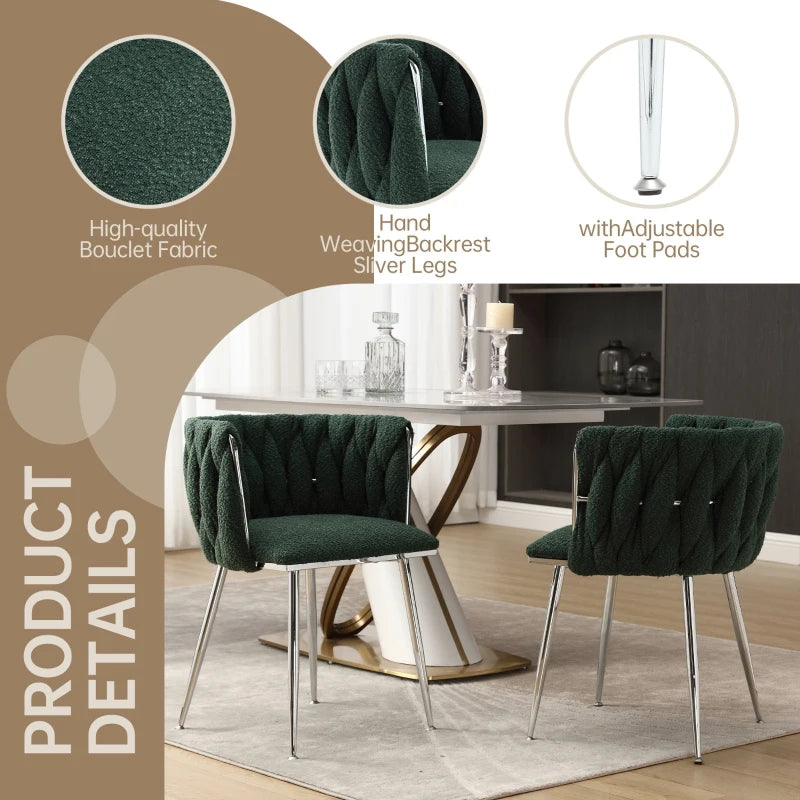 Set of 2 Modern Emerald Dining Chairs with Silver Legs, Hand-woven Backrest, Upholstered Boucle Armrests, 54x52x73 cm