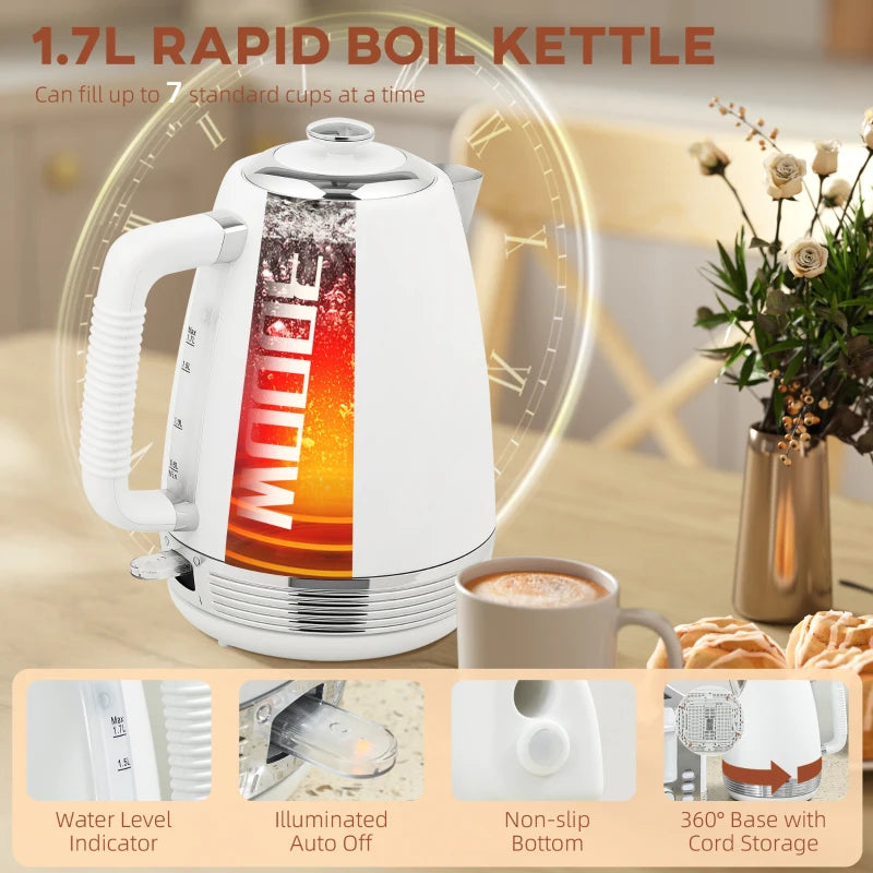 Stainless Steel Kettle & Toaster Set - 1.7L Rapid Boil Jug Kettle with Strix Thermostat & 4 Slice Toaster - White/Silver