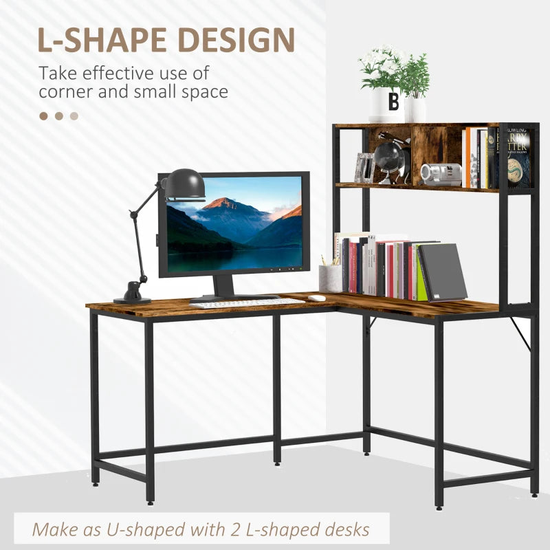 Industrial L-Shaped Desk with Bookshelf - Corner Computer Writing Table, Steel Frame, 140x125cm, Brown for Home Office & Study