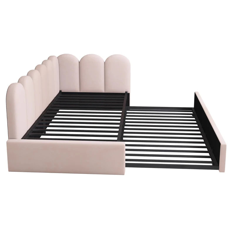 Pink Upholstered Daybed with Pull-Out Bed, 3FT Single Sofa Bed, Metal Slatted Frame, Easy Assembly, 193L x 97W x 76H cm
