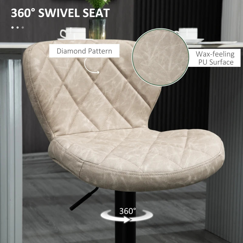 Set of 2 Swivel Bar Stools with Backrest & Footrest - Light Khaki PU, Steel Frame, Diamond Pattern for Kitchen & Dining
